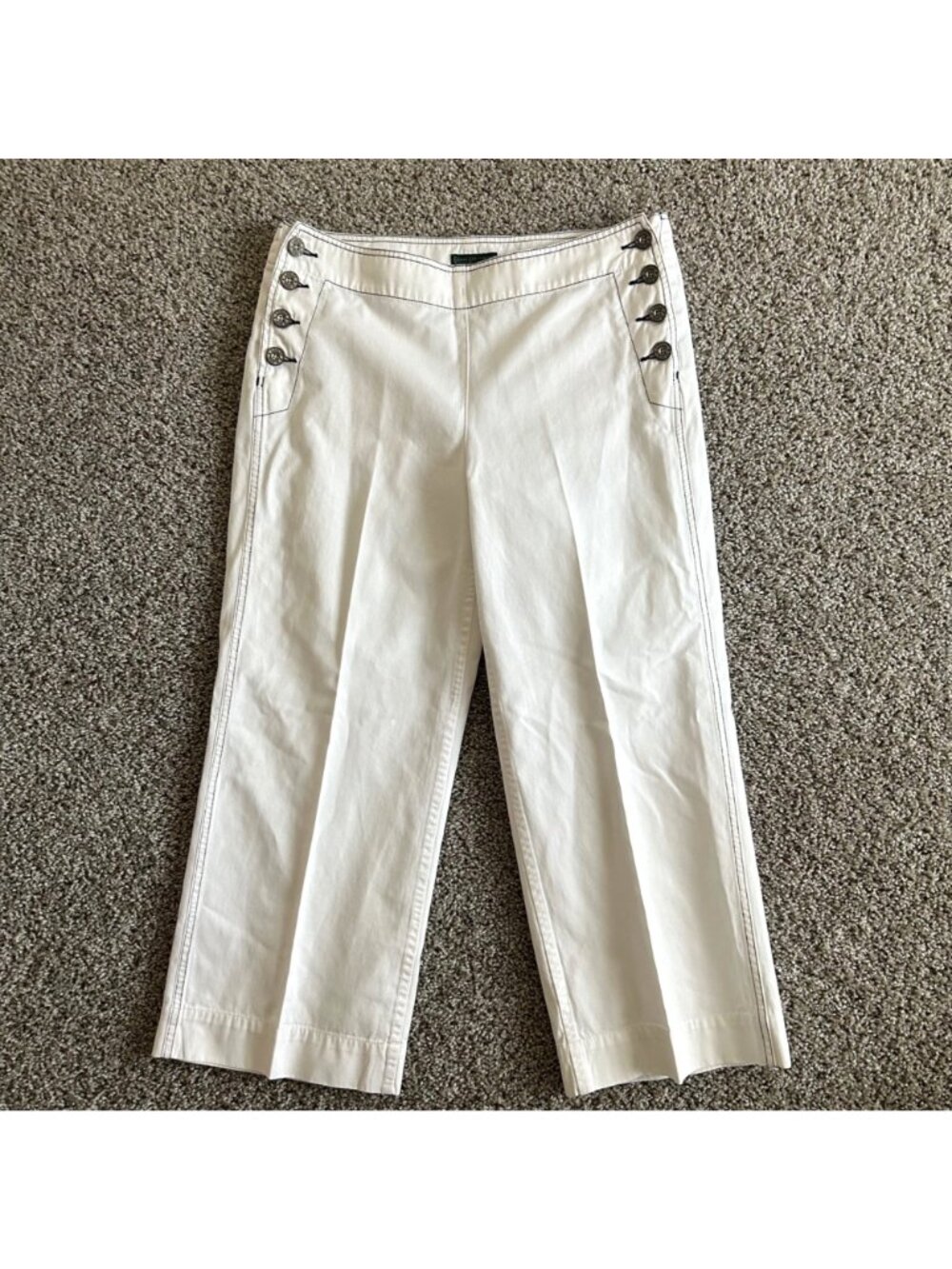 Ralph Lauren Women's Sz 8 White Sailor Pants Button Detail Wide Leg Crop - Picture 2 of 10